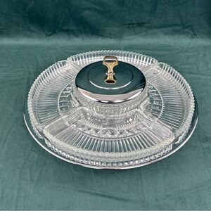 Vintage Chips and Dips Glass Dishes with Lazy Susan Tray